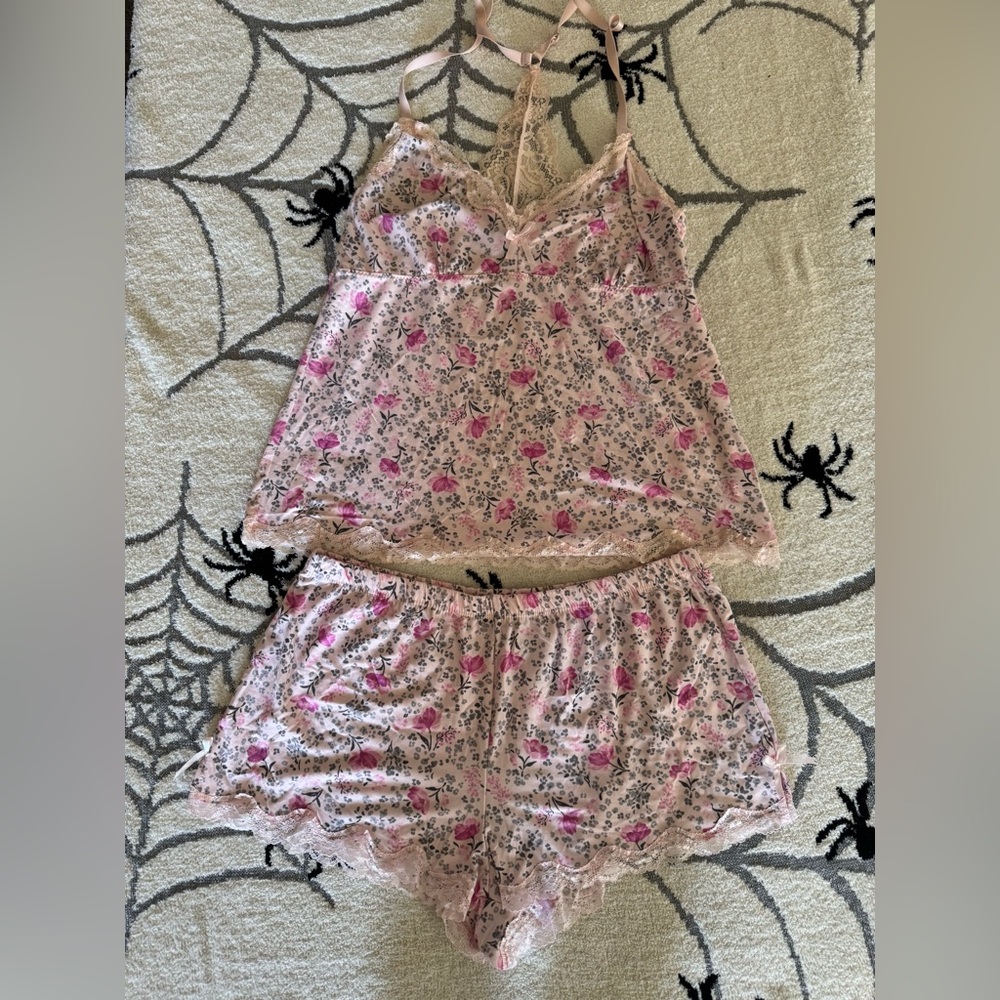 Floral Lace Trim Sleepwear Pajama Set - Pink